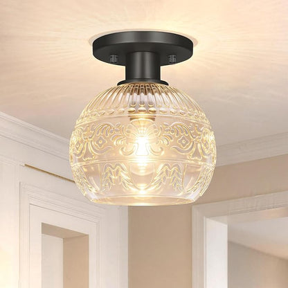 7.09in Semi Flush Mount Ceiling Light Fixture, Vintage Flush Mount Ceiling Light with Glass, Goble Hallway Light Fixtures, Black Bathroom Ceilings Light Overhead Lighting for Porch Corridor Closets