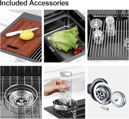 FRANIC 26" Handmade Black Bar Workstation Sink, 26" x 18" x 8" Stainless Steel Matte Nano Black Topmount Single Bowl Small Kitchen Outdoor Sink