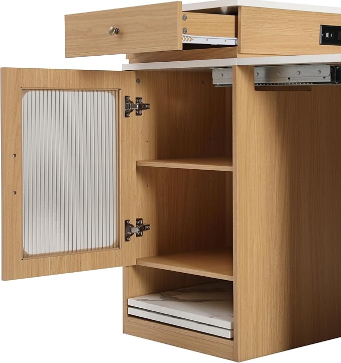 Polibi 59.5" Kitchen Island with Extendable Dining Table, 2 Drawers, Power Outlet (USB/C), Double-Sided Storage & Side Open Shelves,Kitchen Storage Table for Dining Room,Natural