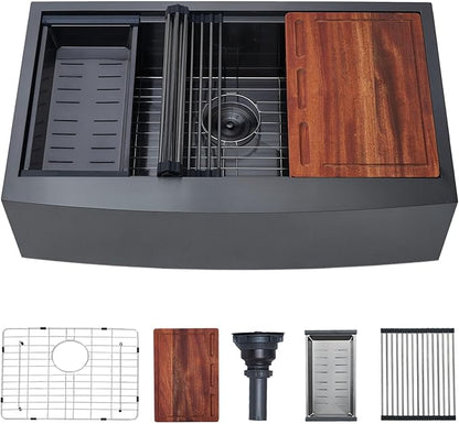 33 Inch Black Farmhouse Sink, Undermount Stainless Steel Apron Front Farm Kitchen Sink Single Bowl Workstation 16 Gauge 33x20x9 with Accessories