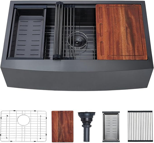 33 Inch Black Farmhouse Sink, Undermount Stainless Steel Apron Front Farm Kitchen Sink Single Bowl Workstation 16 Gauge 33x20x9 with Accessories