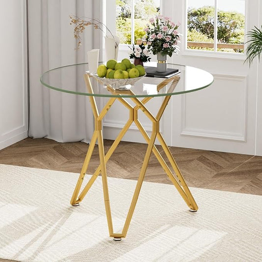 SSLine 35.4" Round Glass Dining Table for 2-4 Modern Circle Glass Tabletop Kitchen Table for 4 Luxury Dinner Tables with Gold Nest Metal Base for Home Kitchen Dining Room(Table Only)