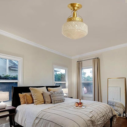Bofea-Gold Semi Flush Mount Ceiling Light,Brass Vintage Flush Mounted Ceiling Lighting with Milk White Glass Shade, Mid-Century Style Ceiling Light Fixture for Hallway Foyer Loft Bathroom Bedroom. (B)