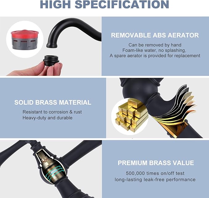 WOWOW Black Bridge Kitchen Faucet 2 or 3 Hole Antique Brass Bridge Faucet 2 Handle 8 Inch Centerset Farmhouse Kitchen Sink Faucet 360° Swivel Vintage Tap