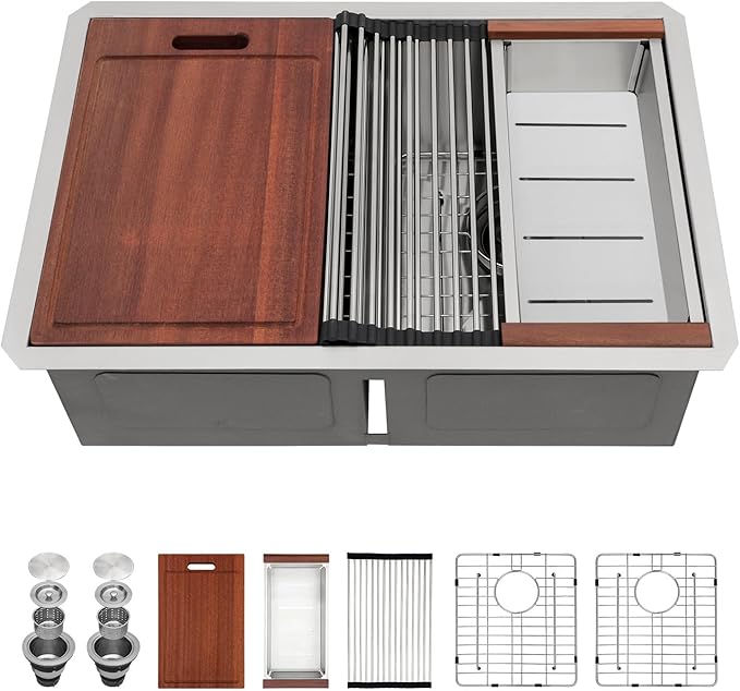 Sarlai 28 Undermount Kitchen Sink Double Bowl - 28x19 Inch Undermount Sink Stainless Steel 16 Gauge Ledge Workstation Sinks Low Divide 50/50 Double Basin Under Counter Kitchen Sinks