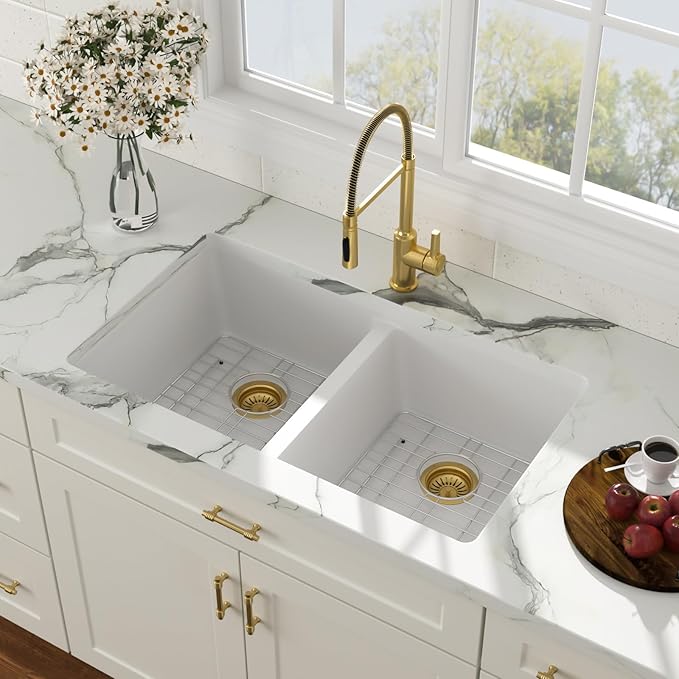 33 Granite Composite Kitchen Sink - Couoko 33x19 Inch White Undermount Granite Kitchen Sink White Quartz Sink Under Counter 50/50 Double Bowl Sink Basin