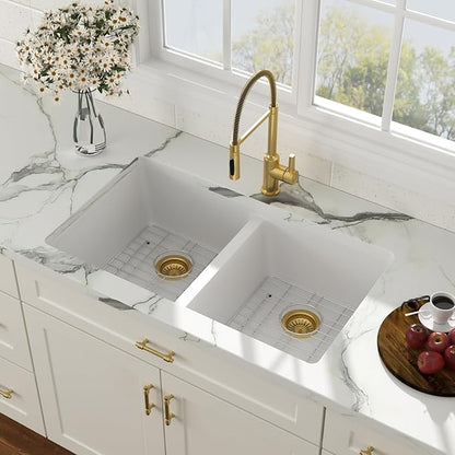 33 Granite Composite Kitchen Sink - Couoko 33x19 Inch White Undermount Granite Kitchen Sink White Quartz Sink Under Counter 50/50 Double Bowl Sink Basin