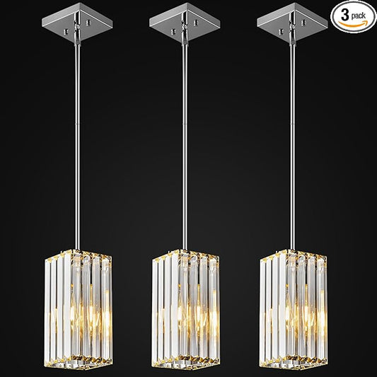 Modern Pendant Light Chrome Rectangle Pendant Lighting Mini Crystal Chandeliers Adjustable Pendant Light Fixture for Kitchen Island Dinning Room Living Room Corridor Bedroom(Chrome 3-Pack)