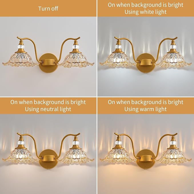 Vintage Bathroom Vanity Light Fixtures - 2 Light Antique Brass Bathroom Lights Fixture Over Mirror with Amber Flower Glass,Retro Brushed Gold Bronze Wall-Mounted Vanity Lighting for Powder Room