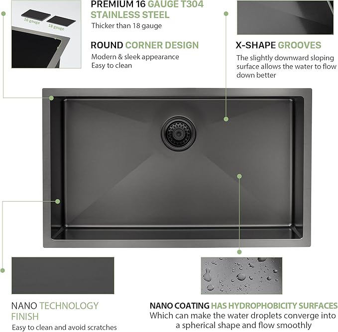 30 Inch Black Undermount Kitchen Sink - Beslend 30"x18"x10" Gunmetal Black Stainless Steel Kitchen Sink 16 Gauge 10 Inch Deep Single Bowl Basin