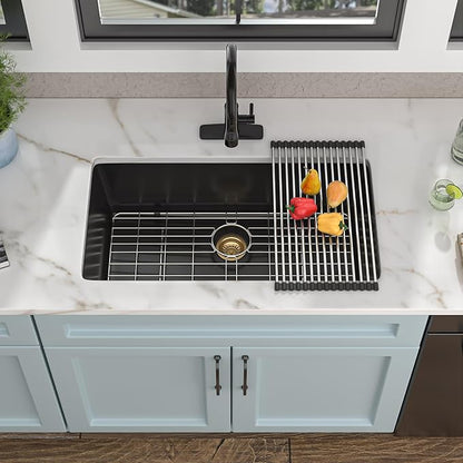 33 Granite Composite Kitchen Sink - Fulorni 33"×19" Granite Kitchen Sink Undermount Matte Black Quartz Classic Under Counter Single Bowl Basin