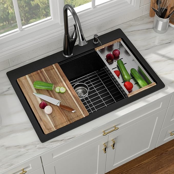 33x22 Black Drop in Kitchen Sink Workstation - Couoko Matte Black Quartz Granite Composite Single Bowl Drop In Sinks Large Deep Classic Topmount Sink Basin with Luxury Accessories
