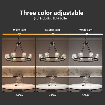Black Wagon Wheel Chandelier, 8-Light Farmhouse Crystal Chandeleirs with Adjustable Height,Ceiling Hanging Light Fixture Pendant Lights for Living Room,Bedroom,Kitchen Island,Dining Room
