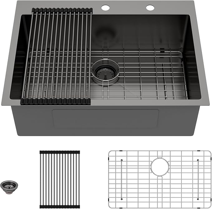 Lordear 30x22 Kitchen Sink Black Drop In Single Bowl 16 Gauge Stainless Steel Gunmetal Black 30 Inch Topmount Kitchen Sinks 30" Basin