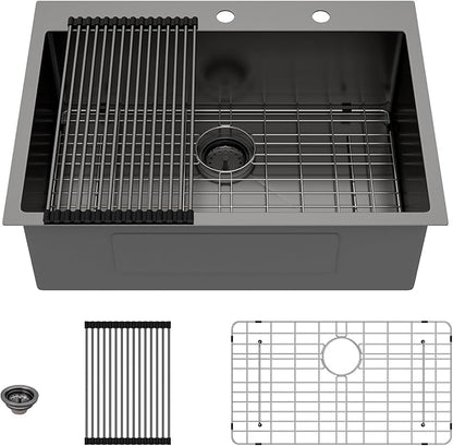 Lordear 30x22 Kitchen Sink Black Drop In Single Bowl 16 Gauge Stainless Steel Gunmetal Black 30 Inch Topmount Kitchen Sinks 30" Basin