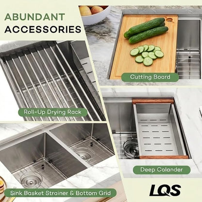 LQS Kitchen Sink Stainless Steel, Undermount Kitchen Sink 32 Inch, 50/50 Double Bowl True 16 Gauge Stainless Steel Handmade with Abundant Accessories, R10 Round Corner and 10” Depth for Large Kitchen