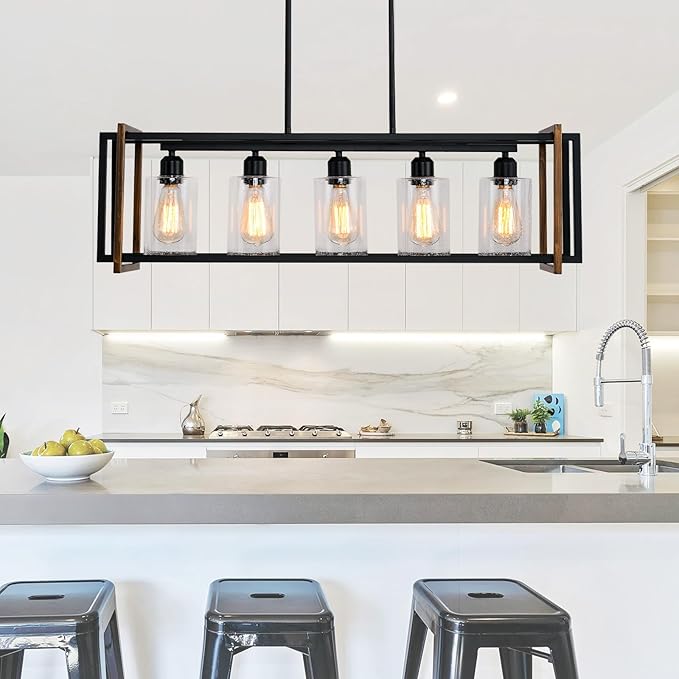 Dining Room Light Fixture, 5-Light Black Chandeliers for Dining Room, Farmhouse Kitchen Island Lighting, Pendant Lights Kitchen Island, Dining Room Chandelier Over Table, with Glass Shade, E26 Socket