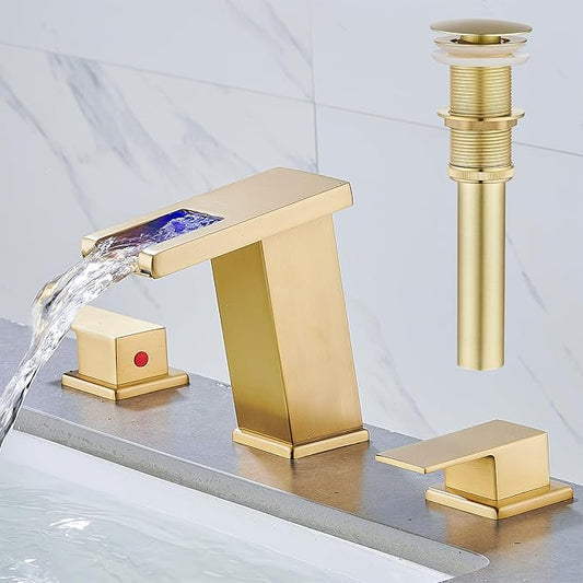 AVSIILE LED Bathroom Faucet 3 Hole, Brushed Gold Waterfall Bathroom Faucets, 8 Inch Widespread Modern Bathroom Sink Faucet, Wide Spread Touch On Three Hole 2 Handle Bathroom Vanity Faucet
