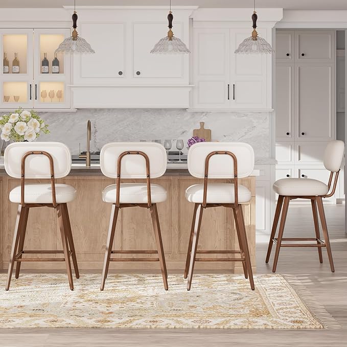 MALOL 26“ Swivel Bar Stools Set of 2, Mid Century PU Leather Counter Height Bar Chairs with Low Back and Metal Legs, Modern Bar Stool Chair for Kitchen Island, Beige