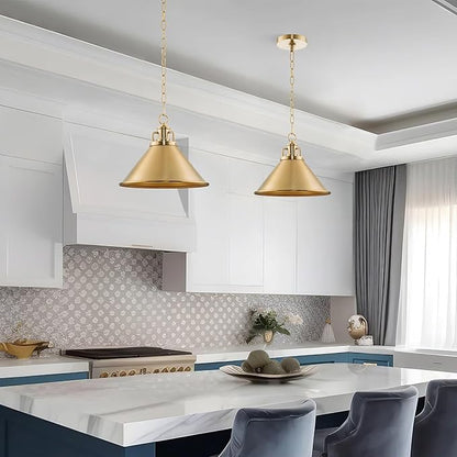 Kira Home Romine 12" Modern Gold Pendant Light with Cone Metal Shade, Mid-Century Gold Hanging Light, Cool Brass Finish