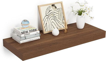 Heimlove 24 x 12 Inch Deep Floating Shelves Wall Mounted with Invisible Brackets,Storage Hanging Shelf for Wall Decor in Bathroom, Bedroom, Toilet, Kitchen, Living Room, Office Set of 1 (Walnut)