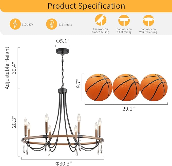 WUZUPS Wagon Wheel Chandelier Rustic Farmhouse Industrial Round Pendant Light Fixture with Smoky Gray Crystal for Dining Room Kitchen Island, H 28.3" x W 30.3", E12 Base, Brown Black