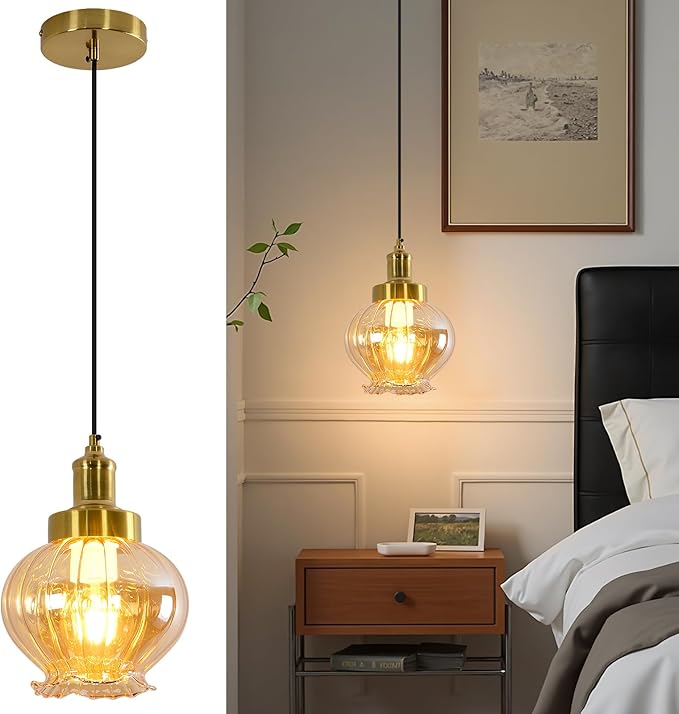 ZHENYANGL 7.8" Modern Amber Glass Pendant Light Vintage Farmhouse Woven Pendant Light Fixture Adjustable Rod Retro Pistil Pendant Lights for Kitchen Island, Dining Room, Bedroom, Hallway, Entryway