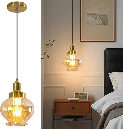 ZHENYANGL 7.8" Modern Amber Glass Pendant Light Vintage Farmhouse Woven Pendant Light Fixture Adjustable Rod Retro Pistil Pendant Lights for Kitchen Island, Dining Room, Bedroom, Hallway, Entryway