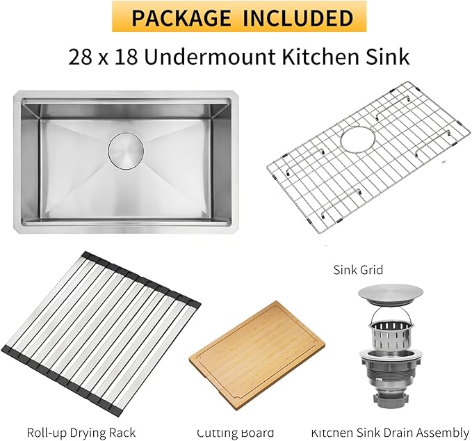 Undermount Kitchen Sink,16 Gauge T-304S Stainless Steel Workstation Sink with Accessories, 28" x 18" x 10" Deep Single Bowl Kitchen Sink for Kitchen,Outdoor and Bathroom