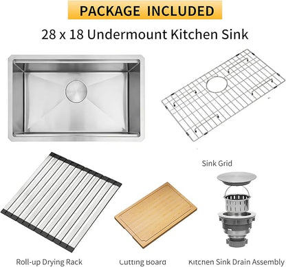 Undermount Kitchen Sink,16 Gauge T-304S Stainless Steel Workstation Sink with Accessories, 28" x 18" x 10" Deep Single Bowl Kitchen Sink for Kitchen,Outdoor and Bathroom