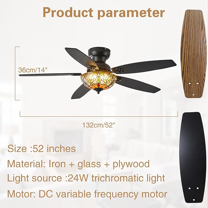 Ceiling Fans with Lights - 52" Ceiling Fan Chandelier with 5 Dual-Blades and Glass Shade, 6 Speeds and Reversible, Indoor and Outdoor, Retro Style