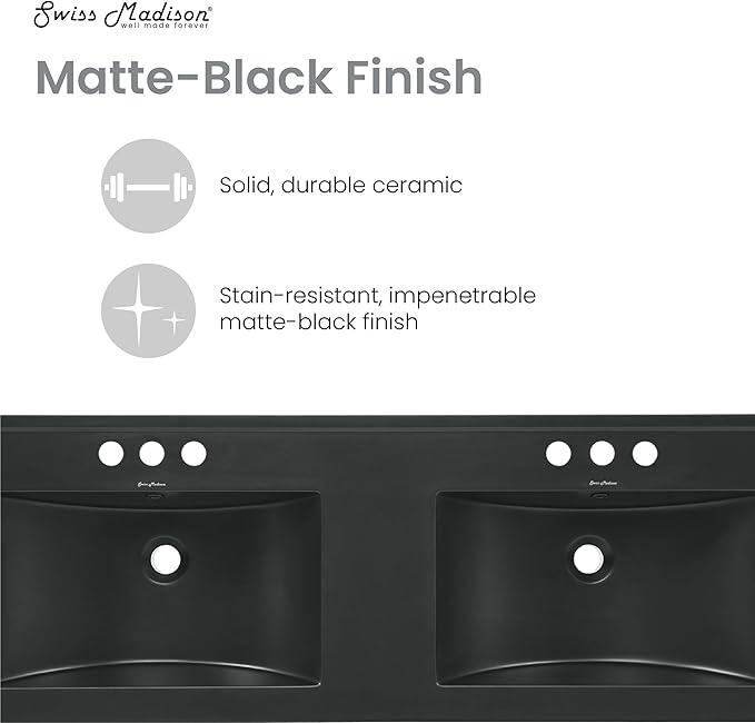 48" Ceramic Vanity Top Double Basins in Matte Black with 3 Holes