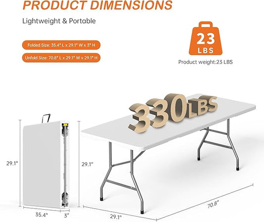 Folding Table 6 Foot for Indoor Outdoor, Portable Heavy Duty Fold-in-Half Utility Plastic Foldable Dining Table with Carrying Handle for Picnic, Camping and Party, White