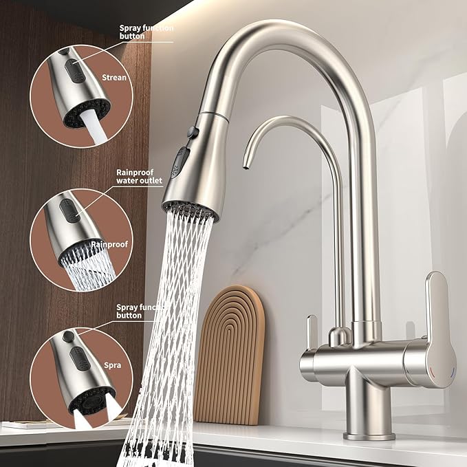 Kitchen Sink Faucet with Pull - Down Sprayer, 2 - Handle 3 - in - 1 Kitchen Sink Filter Faucet, Cold and Hot Mixer Drinking Water Faucet (3-in-1 Filter Faucet, Brushed Nickel-1)