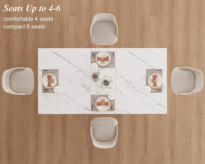 HSH 55 inch Dining Table for 4, Modern White Faux Marble Dining Room Table, Rectanglur Kitchen Table with Heavy Duty Pedestal, Wooden Eating Dinner Desk for Home,Living Room, White Marble, 55 Inch