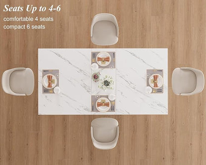 HSH 55 inch Dining Table for 4, Modern White Faux Marble Dining Room Table, Rectanglur Kitchen Table with Heavy Duty Pedestal, Wooden Eating Dinner Desk for Home,Living Room, White Marble, 55 Inch