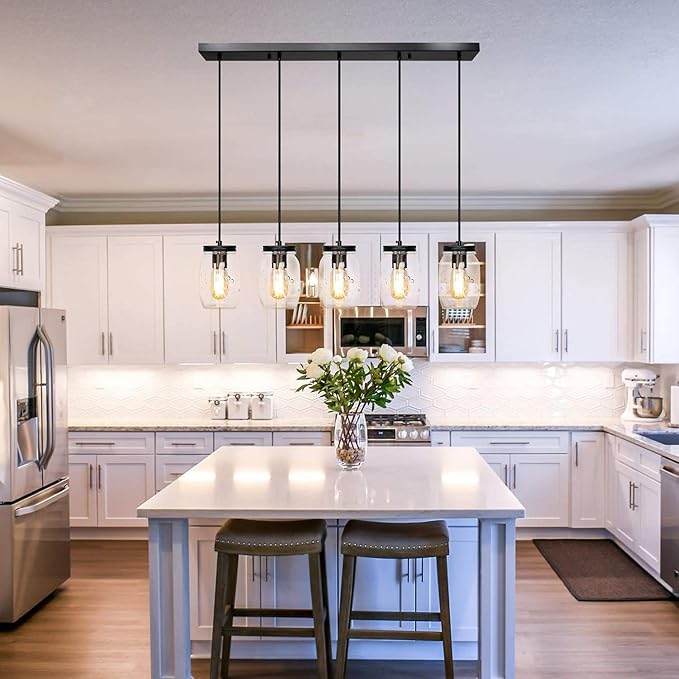 5-Light Glass Mason Jar Light Fixtures, Farmhouse Kitchen Island Pendant Lighting, Rustic Adjustable Height Jar Ceiling Lights for Over Sink, Dining Room, Foyer, Stairway, Hallway, Entryway, Porch