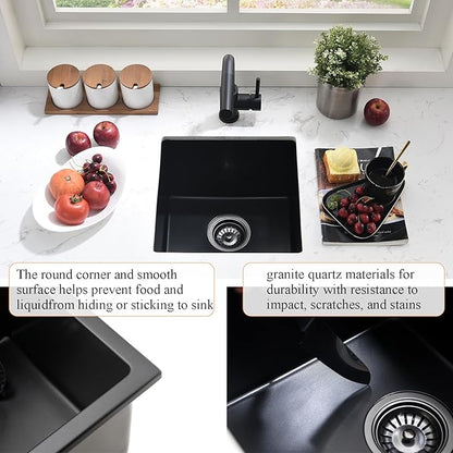 Black Bar Sink Undermount,16x16 Inch Small Wet Bar Sink Granite Composite Single Bowl Quartz Outdoor Rv Sink for Home Kitchen, Sink with Faucet Combo