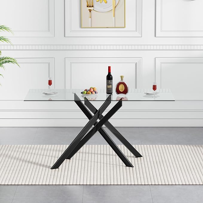 Black Glass Dining Table for 4 Modern 51.2" Rectangular Kitchen Dining Room Table for 4 with X-Shape Metal Base Large Clear Glass Top Dining Tables for Home Kitchen