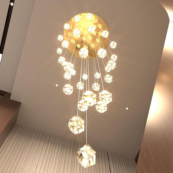 Gold Spiral Staircase Crystal Chandeliers 32-Lights 150 inch Long High Ceiling Chandelier Entrance Foyer Flush Mount Slopped Inclined Ceiling LED Dimmable 3000-6000K