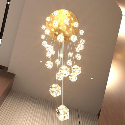 Gold Spiral Staircase Crystal Chandeliers 32-Lights 150 inch Long High Ceiling Chandelier Entrance Foyer Flush Mount Slopped Inclined Ceiling LED Dimmable 3000-6000K