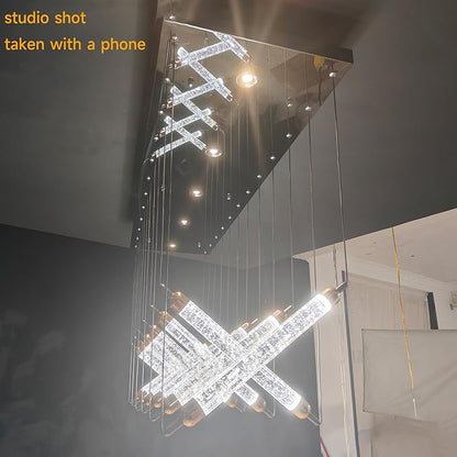 55" LED Rectangular Crystal Chandeliers for Dining Room, Modern Rectangle Crystal Chandelier, Luxury, Dimmable LED with Remote, for Kitchen Island, Dining Room