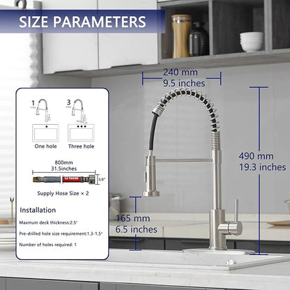 VOTON Kitchen Faucets with Pull Out Sprayer Commercial Spring Sink Faucet Stainless Steel Brushed Nickel Pull Down Single Handle Farmhouse faucets with Deck Plate for Camper Laundry Utility Rv Wet Bar