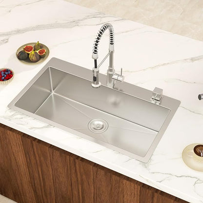 33 Inch Drop in Kitchen Sink 18 Gauge Stainless Steel 33x19 Single Bowl Brushed Handmade Topmount Kitchen Sinks Round Corner