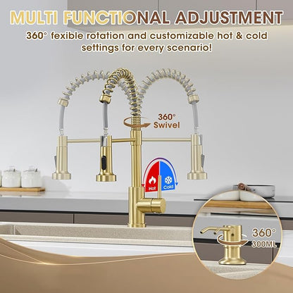 Kitchen Faucet with Pull Down Sprayer, Brushed Gold High Arc Single Handle Spring Pull Out Stainless Steel Faucet for Kitchen Sink, 2 Mode Utility Ideal for Laundry Camper Bar RV Room