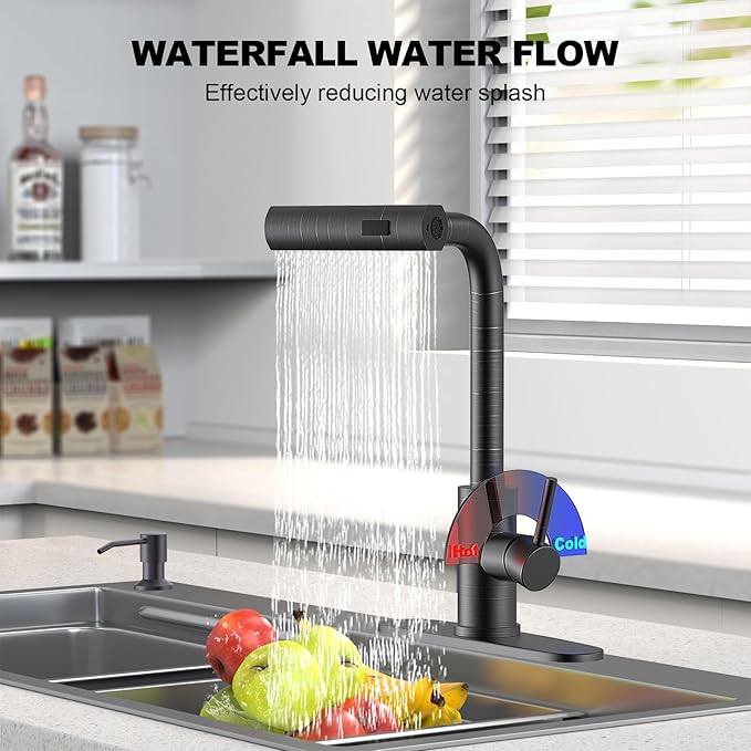 AVSIILE Kitchen Faucets with Pull Down Sprayer & Soap Dispenser, Single Hole & Handle, Oil Rubbed Bronze, Pull Out Tap, Stainless Steel Waterfall Sink Faucet Suitable for Farmhouse Camper Laundry Rv