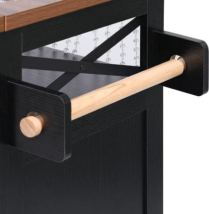 Ball & Cast 46.5" Kitchen Island with Drape of Beads&Power Outlet,Rolling Kitchen Cart on 5 Wheels W/ 3 Drawers,Kitchen Storage Cart W/Internal Iron Shelf&Towel Rack,for Kitchen,Dining Room,Black