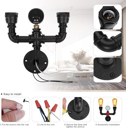 XEYOU Retro Wall lamp Vintage Industrial Steampunk Wall Sconce 2 Lights Metal Water Pipe Wall Mounted Light Fixture E26 Edison Bulb for Cafe Bar Restaurant Bedroom Livingroom