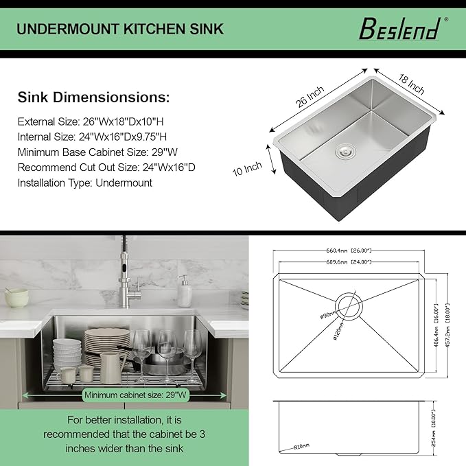 26 Inch Undermount Kitchen Sink - Beslend 26x18x10 Inch Undermount Sink Stainless Steel Under Counter Sinks 16 Gauge Single Bowl Kitchen Sinks Round Corner