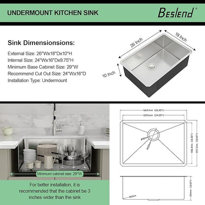 26 Inch Undermount Kitchen Sink - Beslend 26x18x10 Inch Undermount Sink Stainless Steel Under Counter Sinks 16 Gauge Single Bowl Kitchen Sinks Round Corner